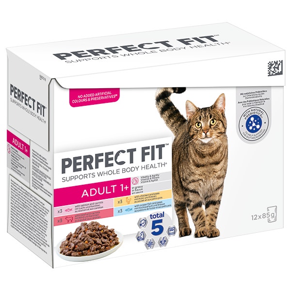 Adult 1+ Frischebeutel mit Lachs & Karotten, Huhn & Erbsen, Rind & Karotten, Hochseefisch & Erbsen, 85g 12-Pack